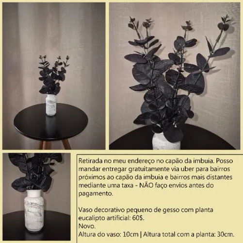 Vaso pequeno de gesso com planta eucalipto artificial preto novo