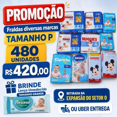 PROMOÇÃO 480 fraldas tamanho P várias marcas