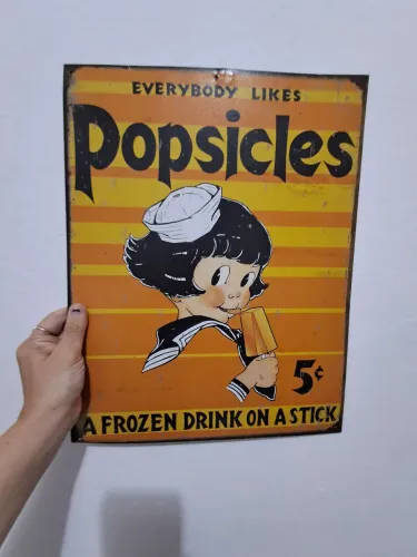 Placa decorativa em metal vintage retrô popsicles picolé sorvete