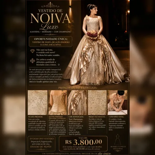 Vestido de Noiva Luxo, cor champagne, EXCUSIVO, ajustável para todos os tamanhos.