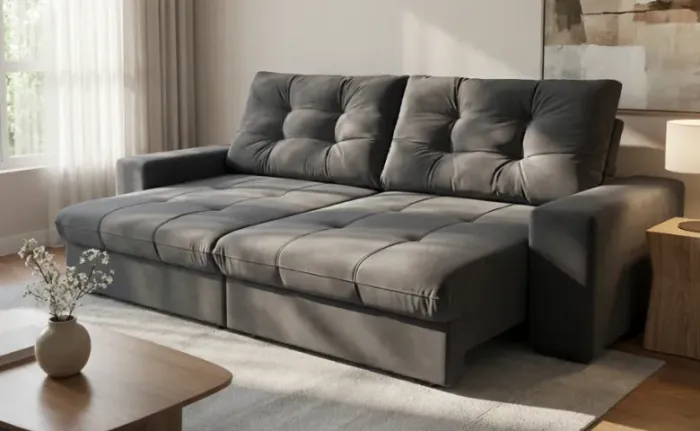 Sofá 3 Lugares Retrátil e Reclinável Biarritz Suede Grafite