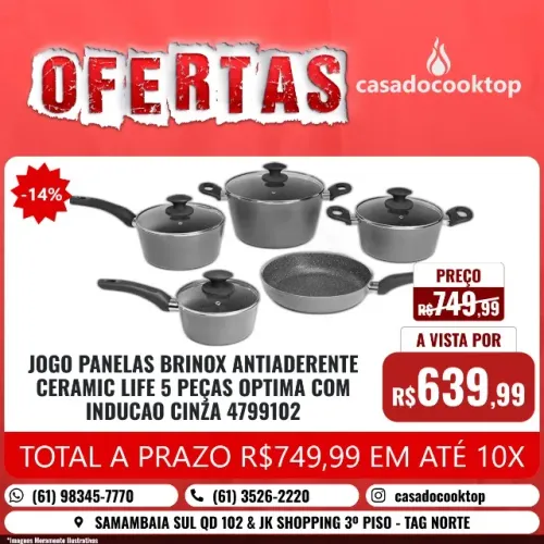 JOGO PANELAS BRINOX ANTIADERENTE CERAMIC LIFE 5 PECAS OPTIMA COM INDUCAO CINZA 4799102