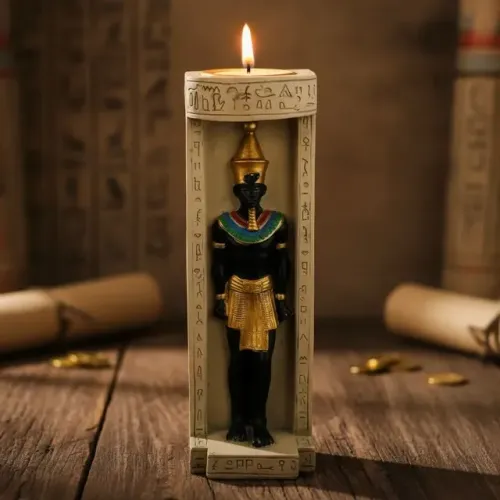 Porta vela com estatueta do Deus Osiris - em resina