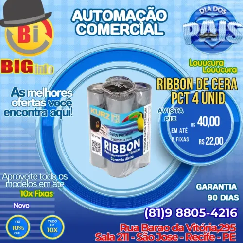 Kit 4 Ribbon Cera 110x74 Impressora Térmica