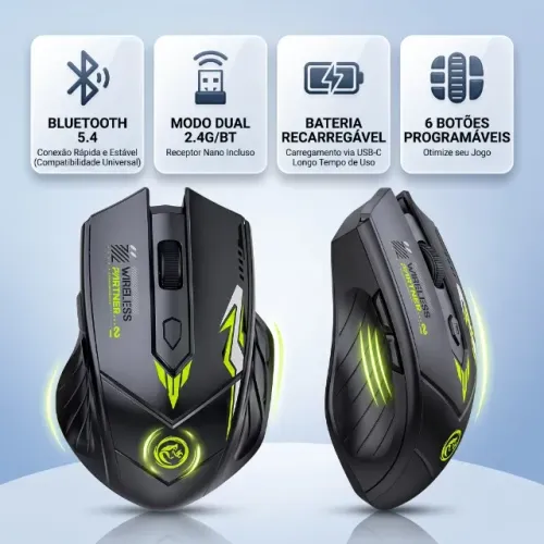 Mouse Sem Fio Recarregavel Dual Mode Bluetooth 2.4ghz 1600dp