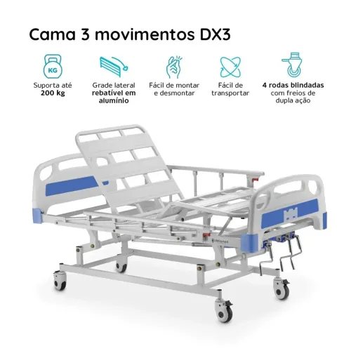Cama Hospitalar 2, 3 movimentos manual e motorizada