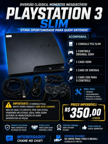 ? PS3 Slim Completo - Não Liga - Controle Original + Cabos - R$ 350