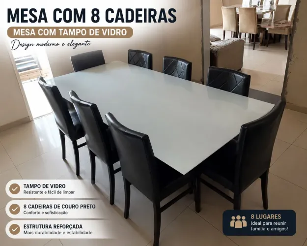 MESA COM 8 CADEIRAS DE COURO