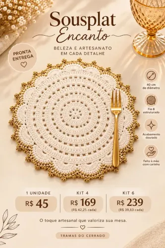 Sousplat de Crochê 40cm | Fio 8 - Estruturado com Acabamento Dourado