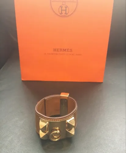 Bracelete Hermès Collier de Chien Caramelo - Ferragens Ouro
