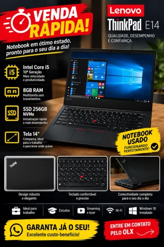 NOTEBOOK LENOVO THINKPAD E14 - i5 10ª GERAÇÃO - SSD 256GB