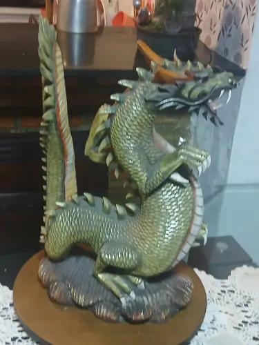 Linda Escultura Dragão Chinês 53cm. Td entalhada em madeira Nobre- Arte Oriental de Luxo 
