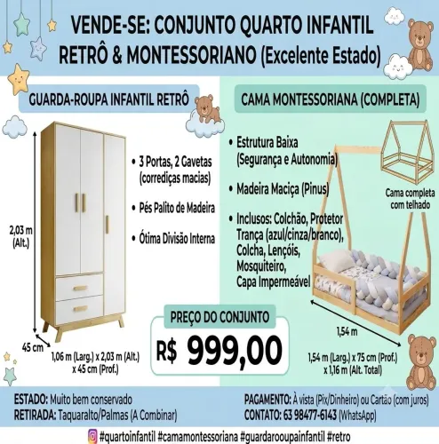 Conjunto Quarto Infantil Retrô/Montessoriano (Guarda-Roupa + Cama Completa + colchão novo)