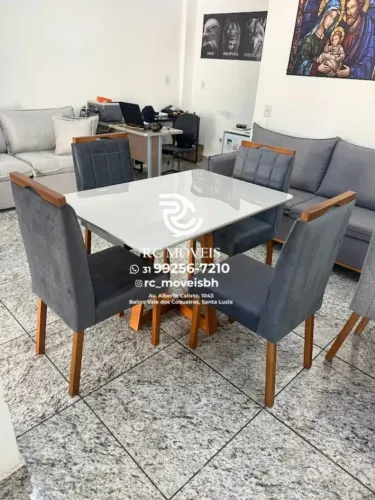 Mesa de jantar 1,20x0,80 Tampo Vidro + 4 Cadeiras Madeira maciça | Direto da Fabrica