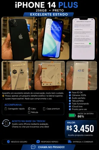 iPhone 14 Plus 256GB Preto | Excelente Estado | 86% Bateria + Acessórios