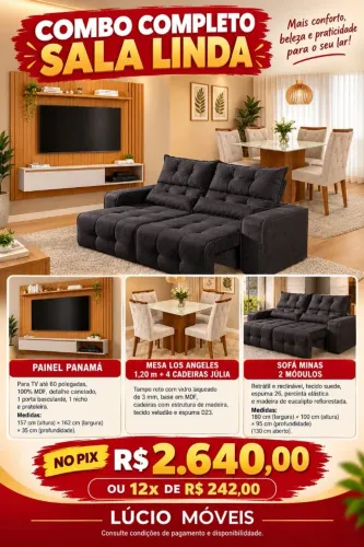 COMBO SALA COMPMETO SOFÁ RETRÁTIL PAINEL E MESA 