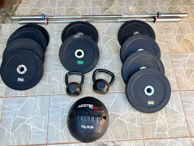 KIT ANILHAS, BARRAS, KATLEBEL, BOLA CROSSFIT