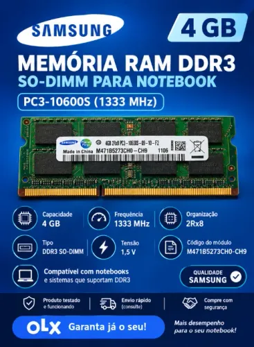 Memória RAM Samsung 4GB DDR3 1333MHz Notebook