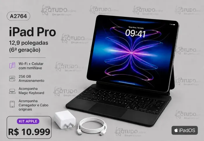 KIT APPLE Ipad Pro 12.9 Wi-Fi-cel M2 Prata 256Gb + MagicKeyboard+carreador e cabo C Apple