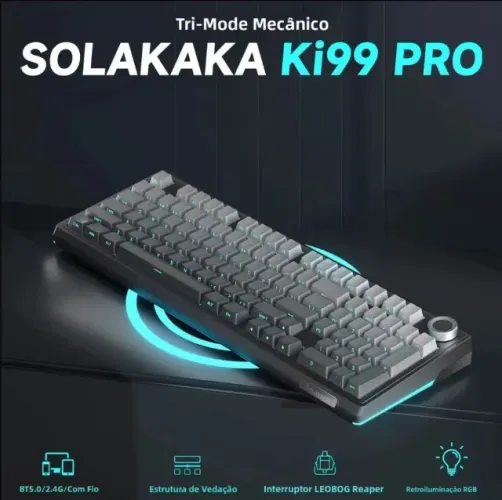 Teclado Mecânico Sem Fio SOLAKAKA Ki99 Pro ? Hot Swap, 10000mAh, Tri-Mode, RGB, Novo