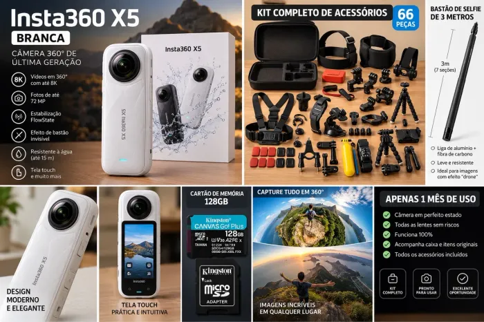 Insta360 X5 Branca + 66 acessórios + Bastão de 3 metros + cartão de memória 128GB