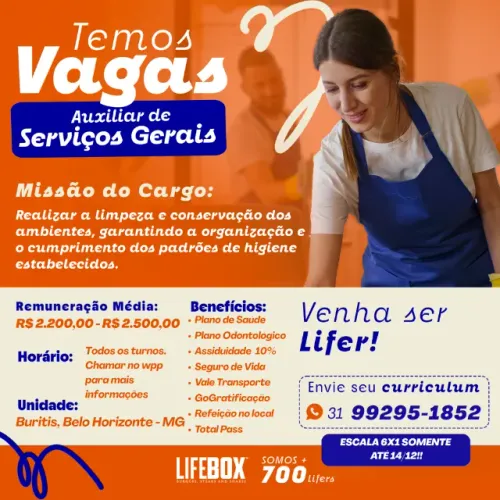 VAGA DE AUXILIAR DE SERVIÇOS GERAIS - LIFEBOX BURITIS