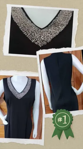Vestido preto elegante com detalhes em pedrarias,decote em v que valoriza o colo,veste 44 