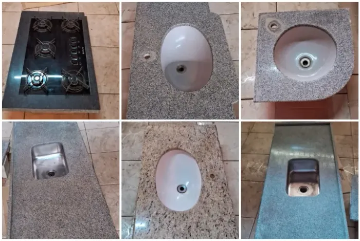 Cooktop, pia cozinha, lavatórios, pedras em granito