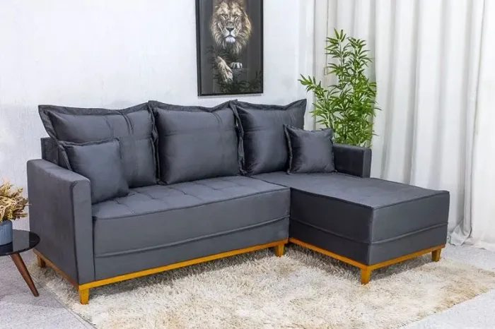 Sofá 3 Lugares com Chaise Veludo Cinza Molas Ensacadas