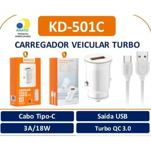 Carregador Veicular Turbo QC 3.0 Kaidi