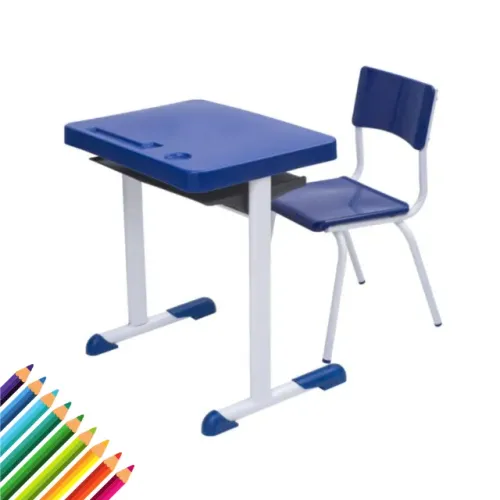 Mesa e Cadeira Infantil Azul Kit Escolar 3 a 6 Anos Ergonômico Resistente Modelo 41089