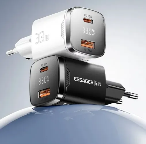 Carregador c/ Display Digital Essager 33w Rápido GaN PD3.0 p/ Iphone Xiaomi Samsung Huawei