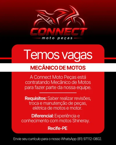Vaga de emprego para mecânicos de motos - RECIFE-PE 