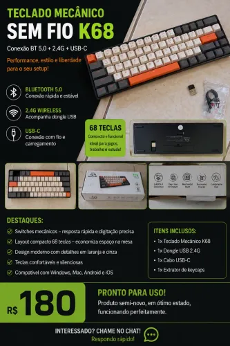 Teclado Mecânico Sem Fio K68 - Bluetooth 5.0 + 2.4G + USB-C