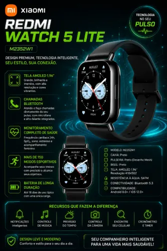 Smartwatch Xiaomi Redmi Watch 5 Lite M2352w1 Prateado Caixa Preto Pulseira Preto