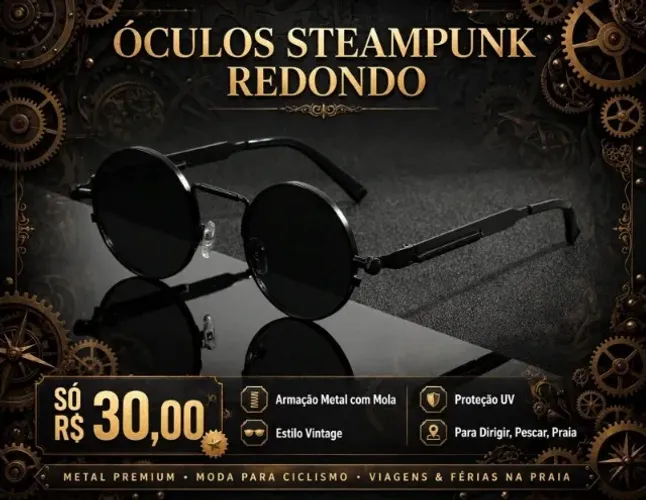 Óculos Steampunk Redondos de Metal para Homens, Armação com Dobradiça de Mola