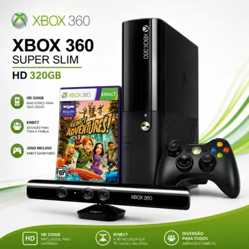 Xbox 360 Super Slim 320GB + Kinect + Kinect Adventures | Completo