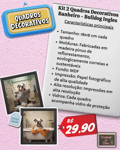 Kit 2 Quadros Decorativos Banheiro - Bulldog Ingles