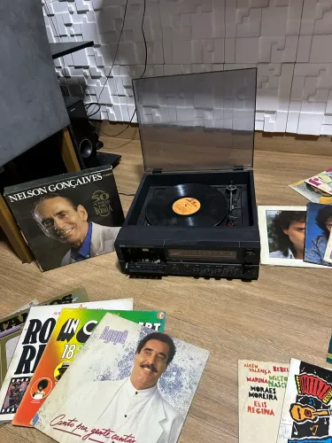 Coleção de vinil e toca disco 