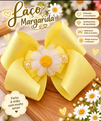 Laço Infantil Margarida Amarelo com Pérolas