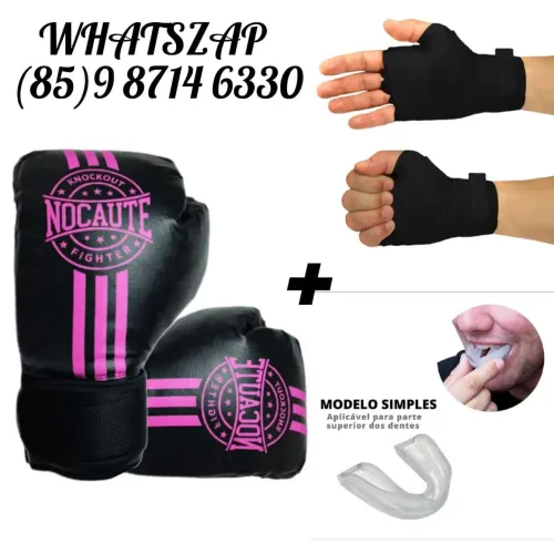 Kit boxe rosa. Luvas Muay Thai bandagem e bocal. Entrega grátis