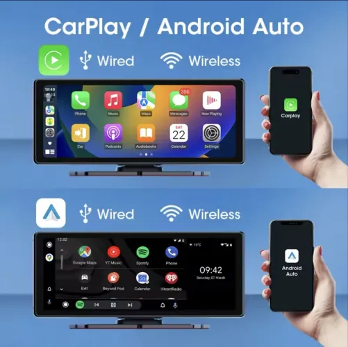 Central multimídia automotiva portátil com tela touchscreen de 7 polegadas.