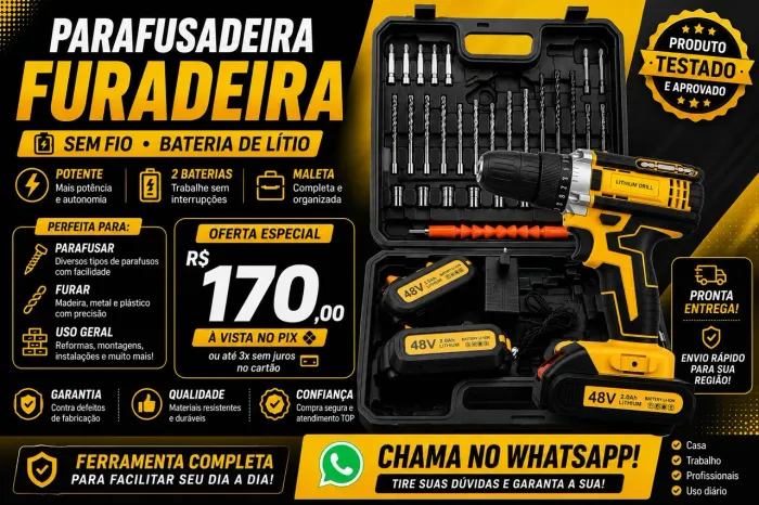 PARAFUSADEIRA E FURADEIRA SEM FIO 48V - KIT COMPLETO