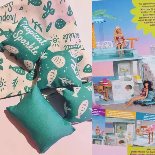 Jogo de cama artesanal em miniatura para Barbie Beach Bungalow