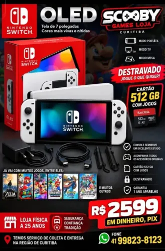 Nintendo Switch Oled D.e.s.t.r.a.v.a.d.o Seminovo, Cartao 512 Gb Com Jogos, Garantia