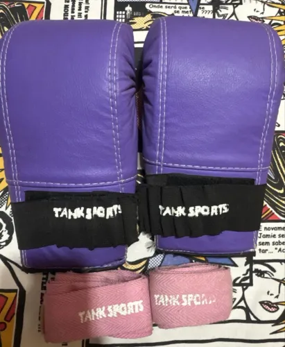 kit muay thai feminino tank sports roxo semi-novo tanksports luva roxa atadura rosa