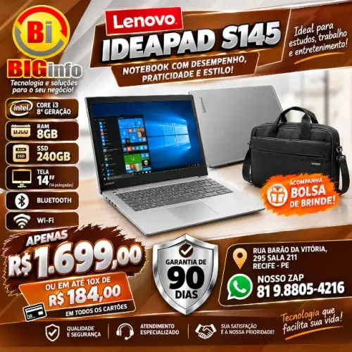 Notebook Lenovo Ideapad S145 - Intel i3 8130U, RAM 8GB, SSD 240GB, Tela 15.6 - Em ate 10x