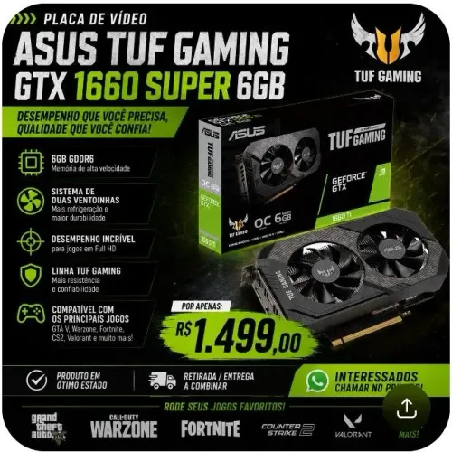 Placa de vídeo 1660 super tuff gamer 6gb