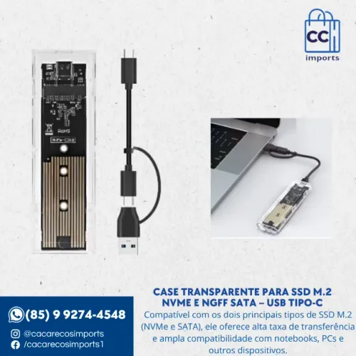Case Transparente para SSD M.2 NVMe e NGFF SATA - Conexão USB Tipo-C, Alta Velocidade