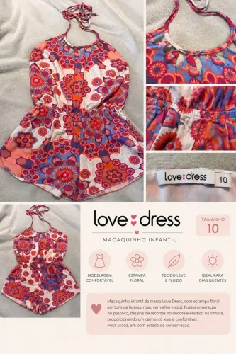 Macaquinho Infantil Love Dress Floral - Tamanho 10